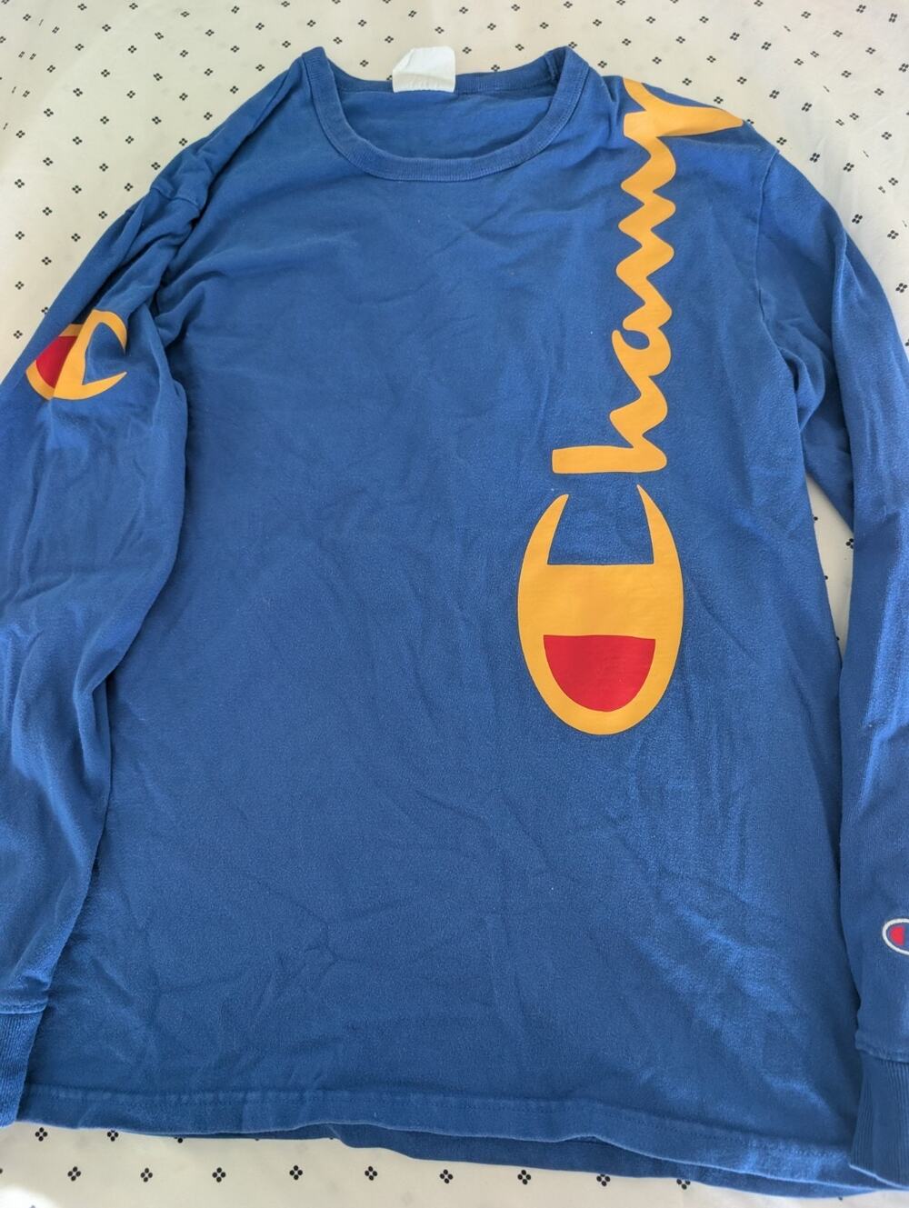 Vintage Blue Champion Long Sleeve Spellout Logo Big C T Shirt Size Large